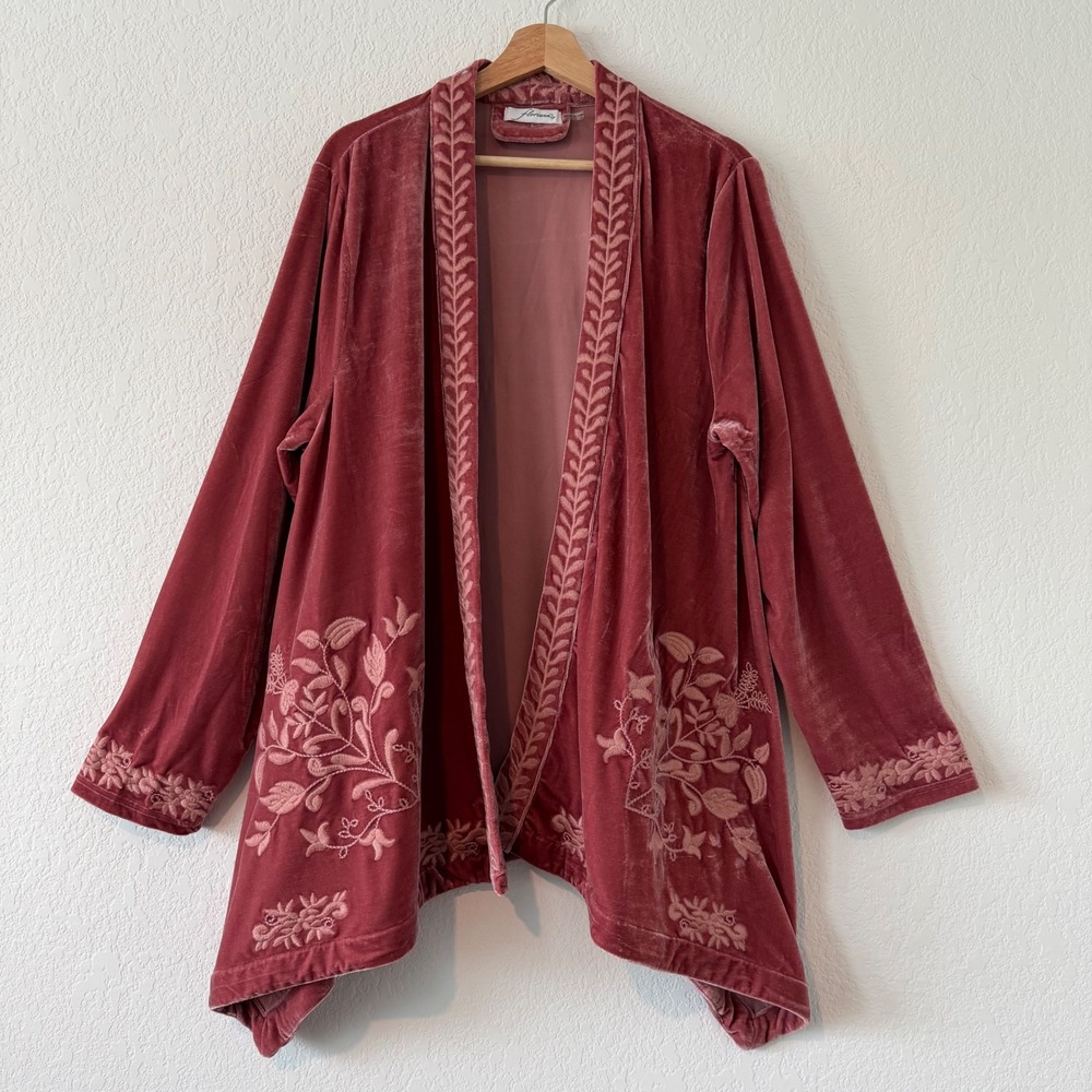 Floriana Velvet Embroidered Open Front Cardigan Dusty Rose Boho Floral Womens XL